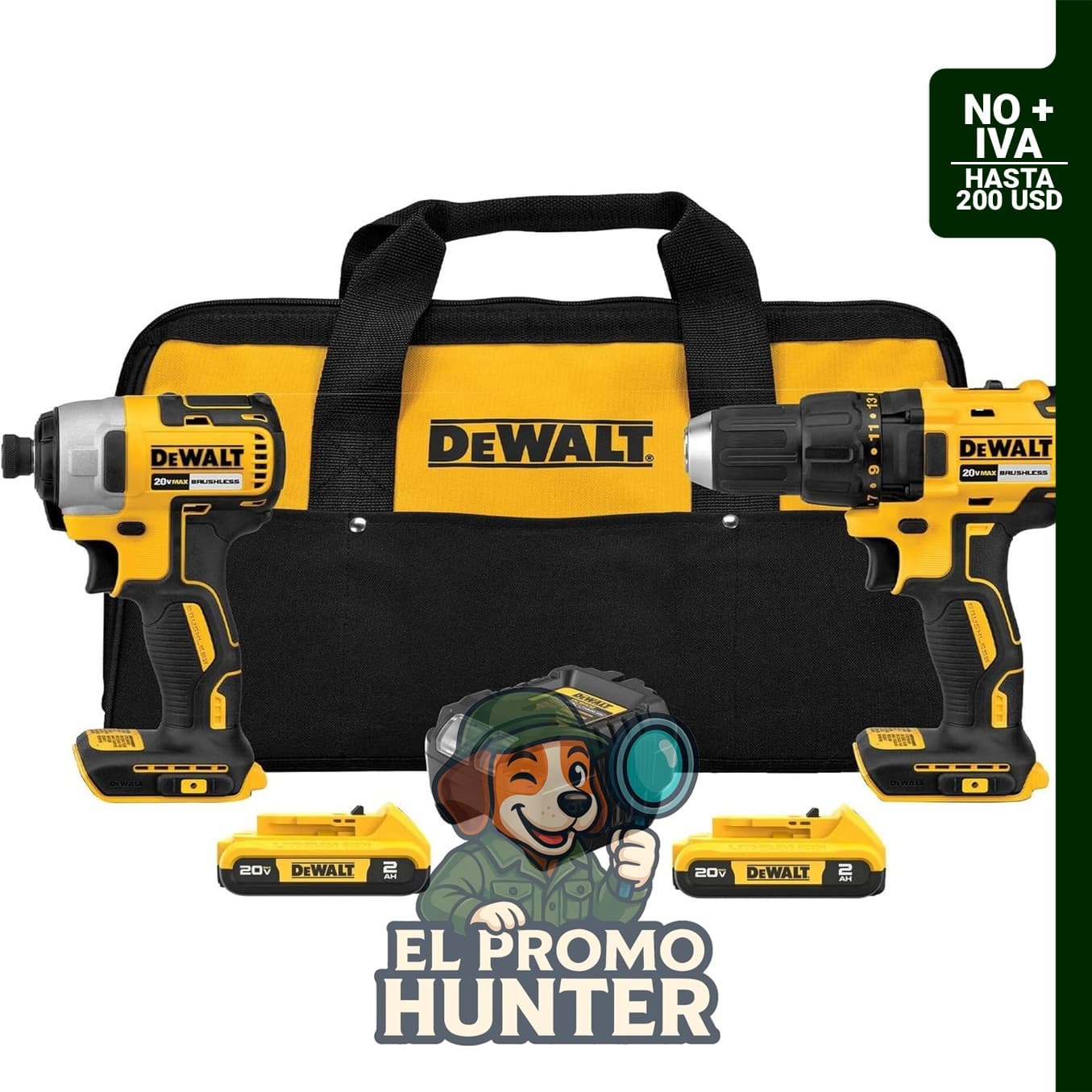 Taladro inalámbrico DEWALT de 20 V MAX y destornillador de impacto, incluye 2 baterías y cargador.