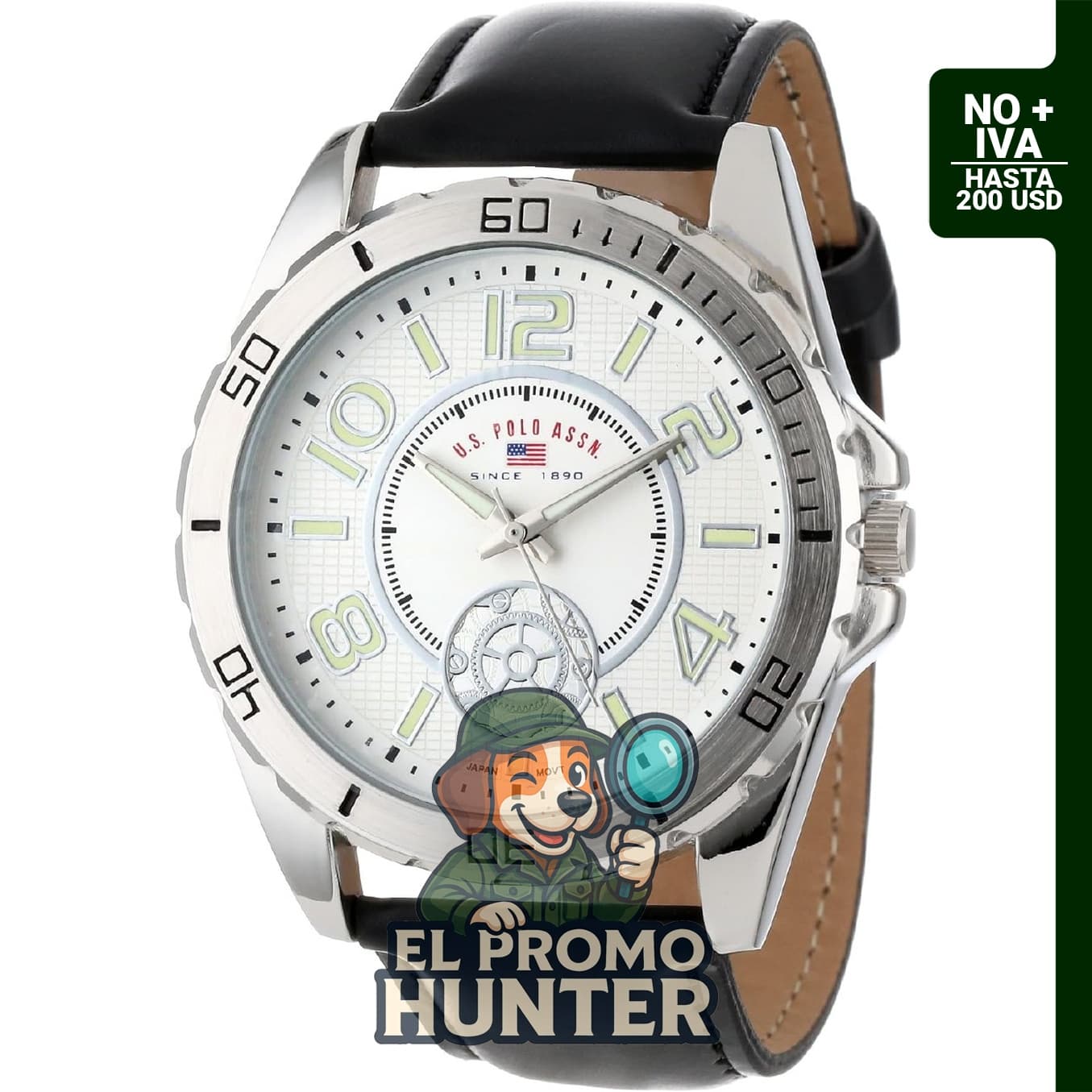 Reloj analógico U.S. Polo Assn. con correa negra y caja plateada.