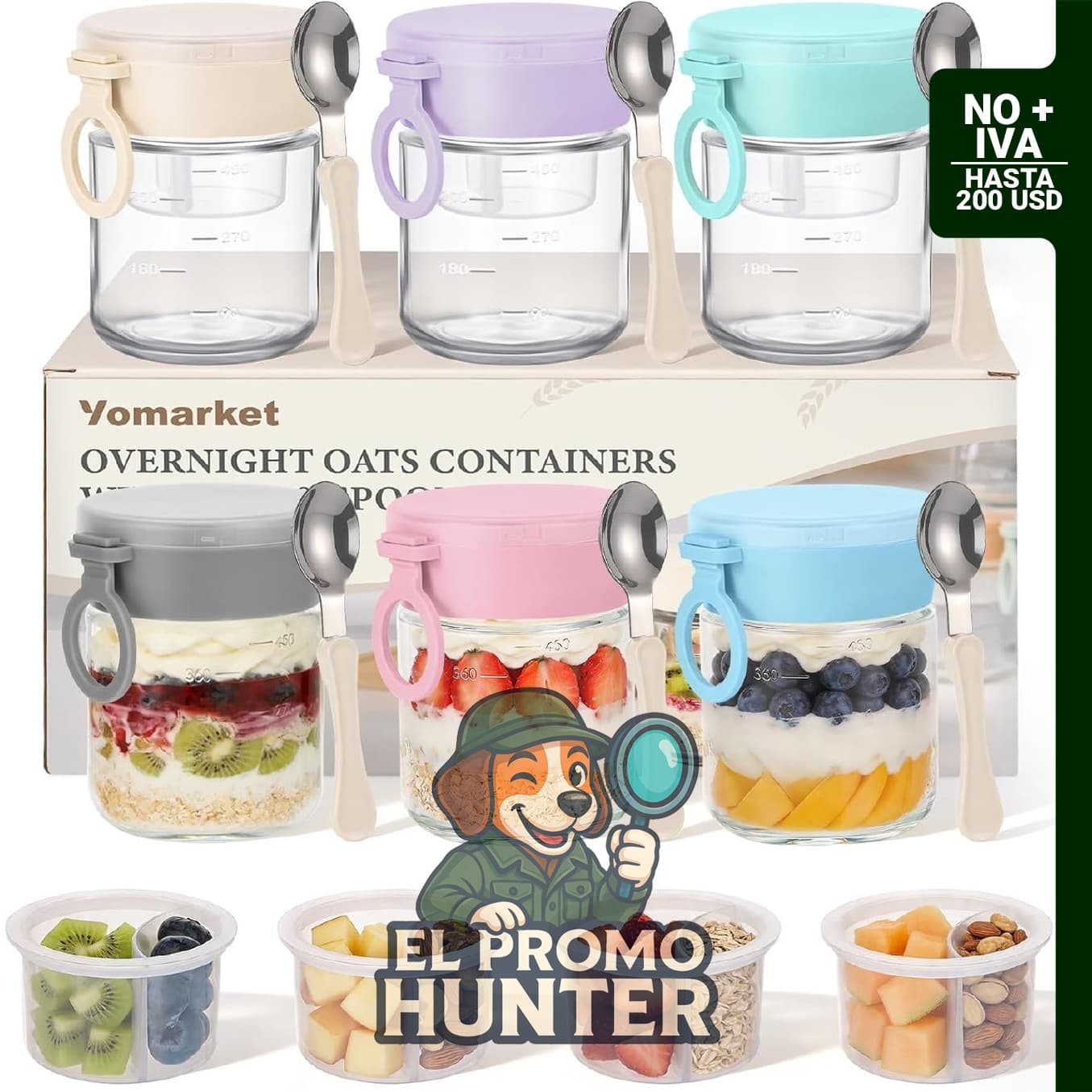 Set de 6 recipientes de vidrio para almacenamiento de avena, 473 ml cada uno.