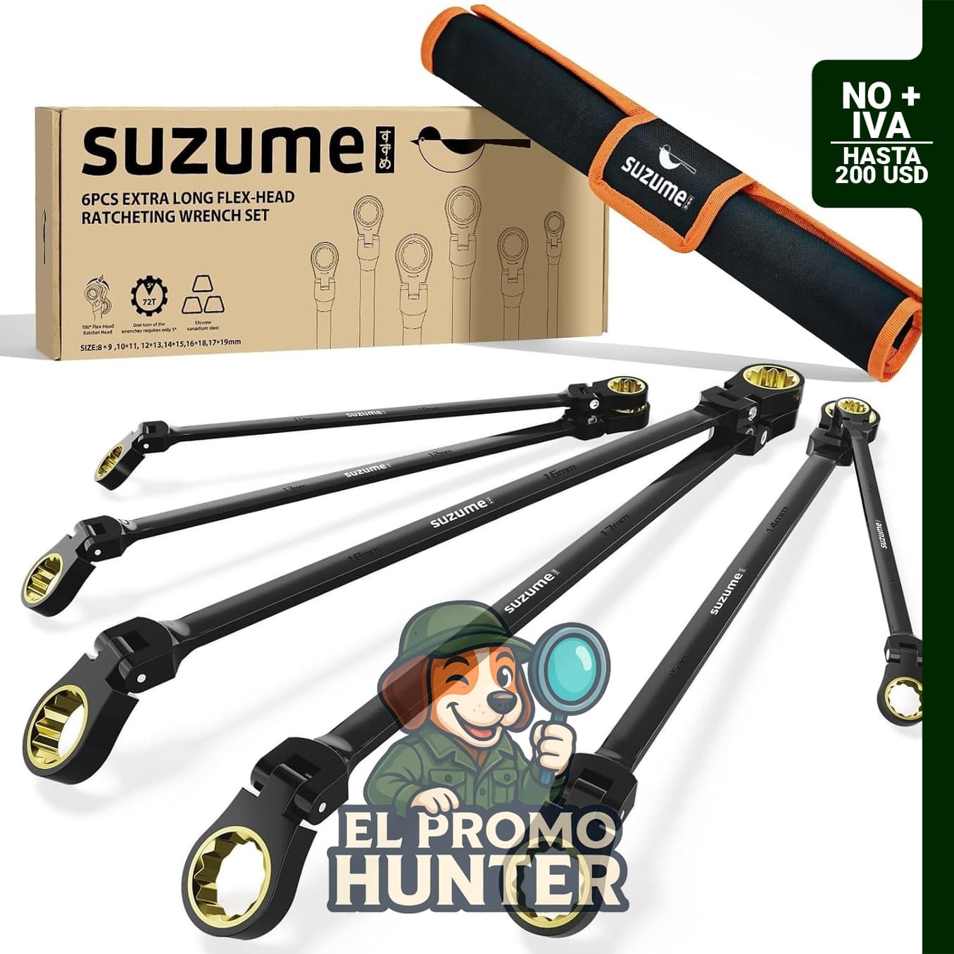 Juego de llaves de trinquete extralargas de cabeza flexible, 6 unidades métricas (8-19 mm).