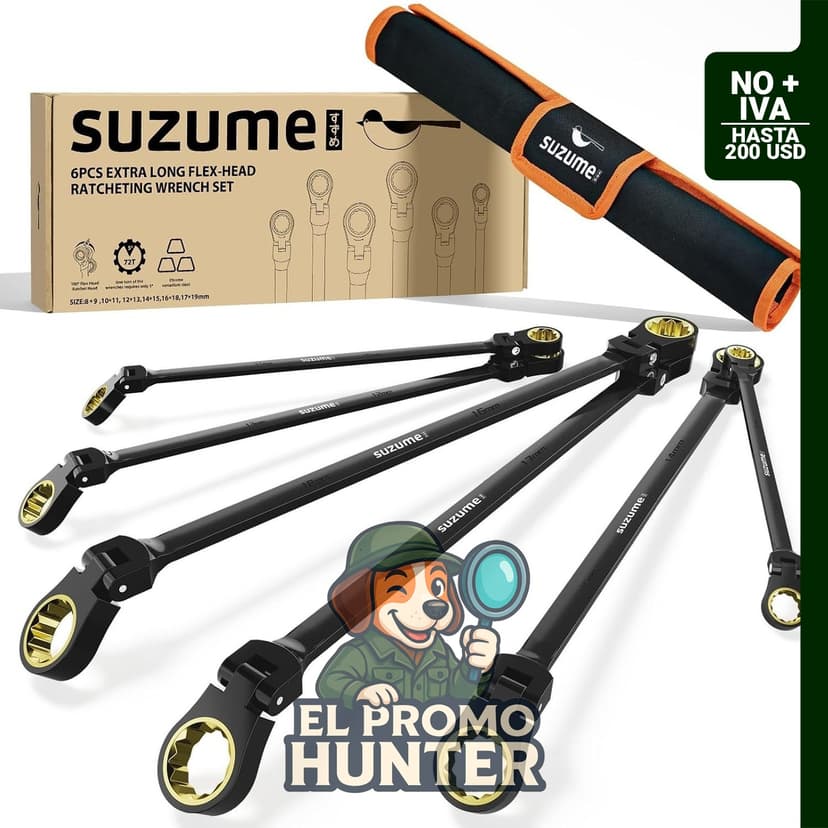 Juego de llaves de trinquete extralargas de cabeza flexible, 6 unidades métricas (8-19 mm).