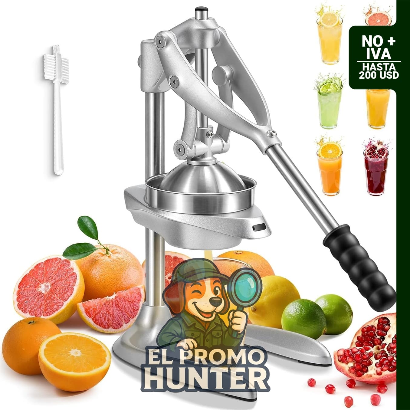 Exprimidor manual de acero inoxidable para cítricos, fácil de limpiar y apto para lavavajillas.