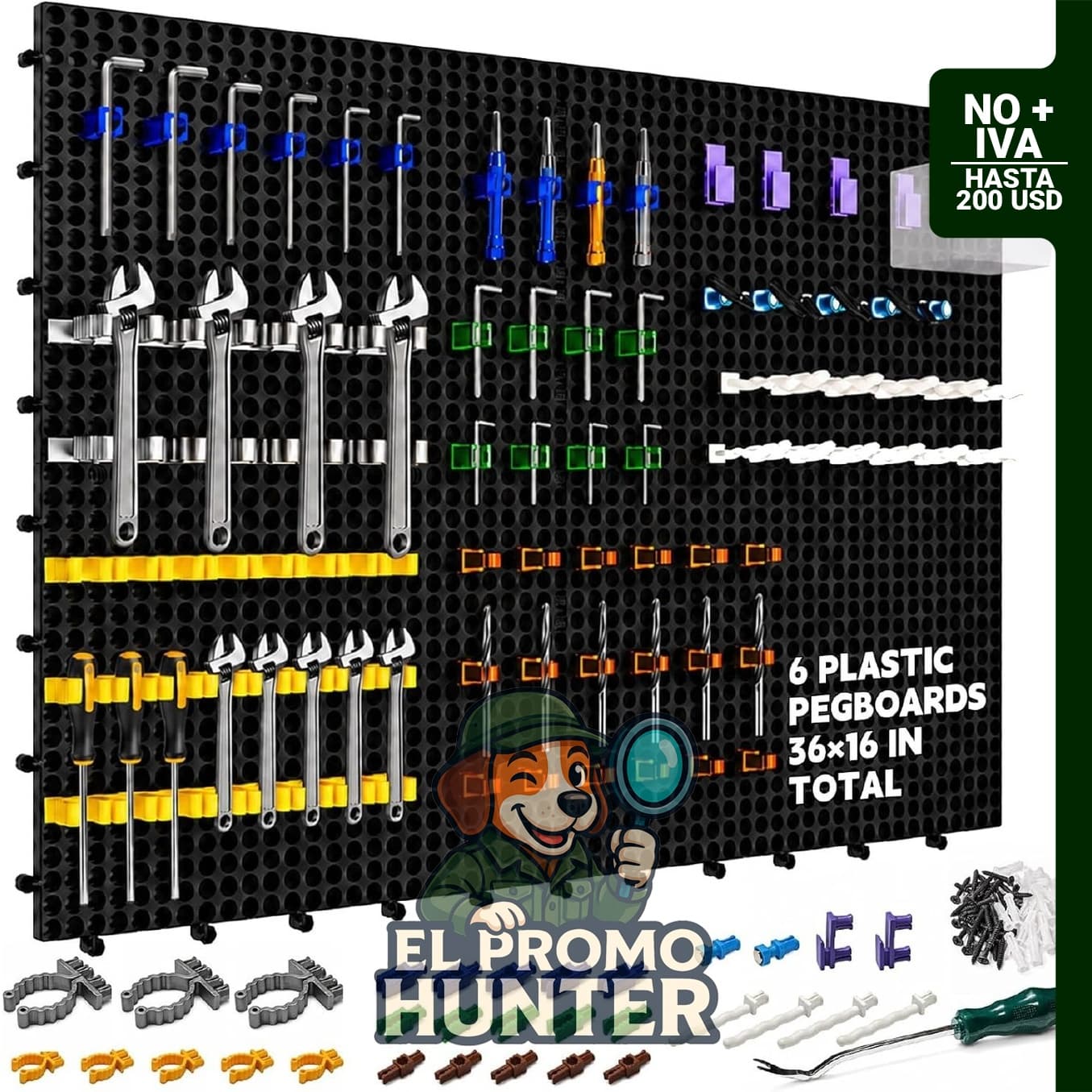 Juego de tableros de clavijas negros de plástico con 200 accesorios, alta capacidad de carga y a prueba de óxido.