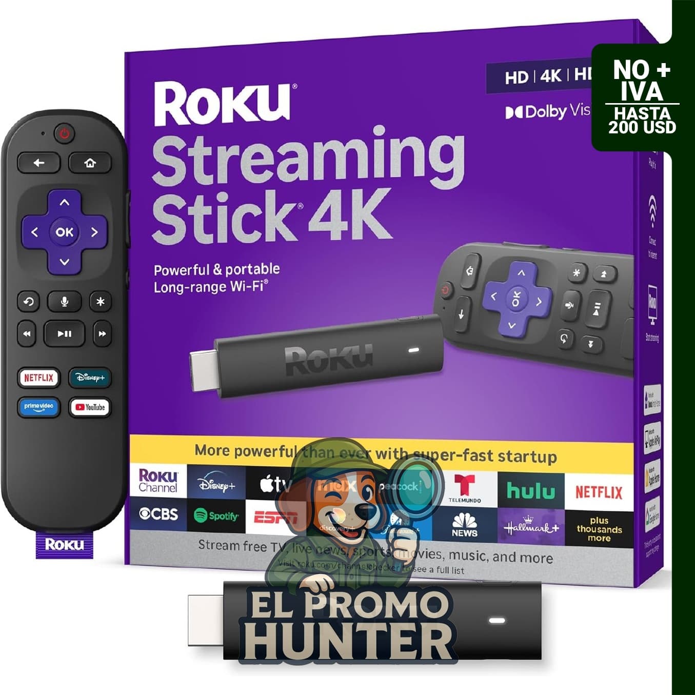 Roku Streaming Stick 4K, dispositivo de streaming compacto con control remoto por voz, compatible con HDR10+ y Dolby Vision.