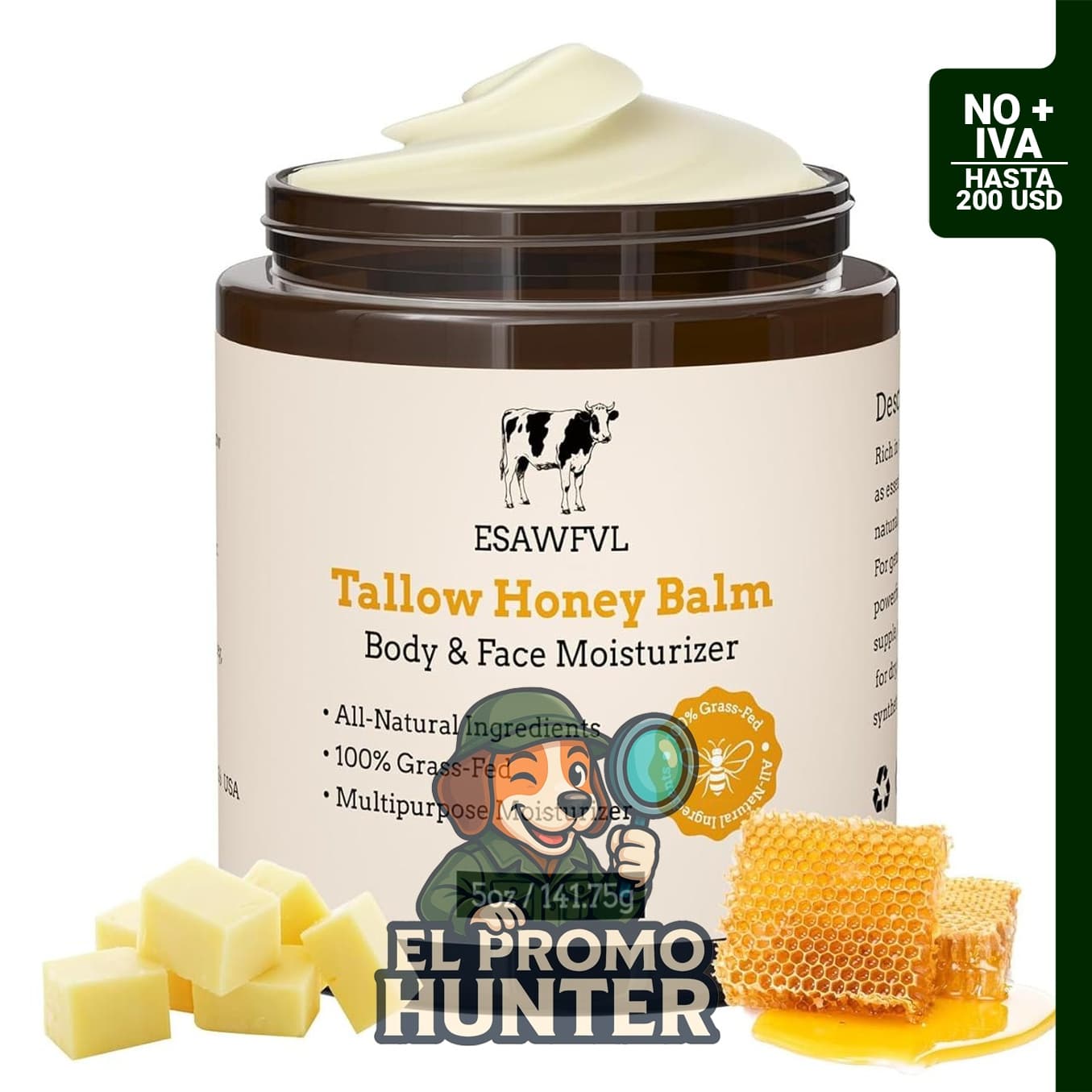 Sebo de carne vacuna y bálsamo de miel, hidratante facial y corporal, fórmula natural para todo tipo de piel.