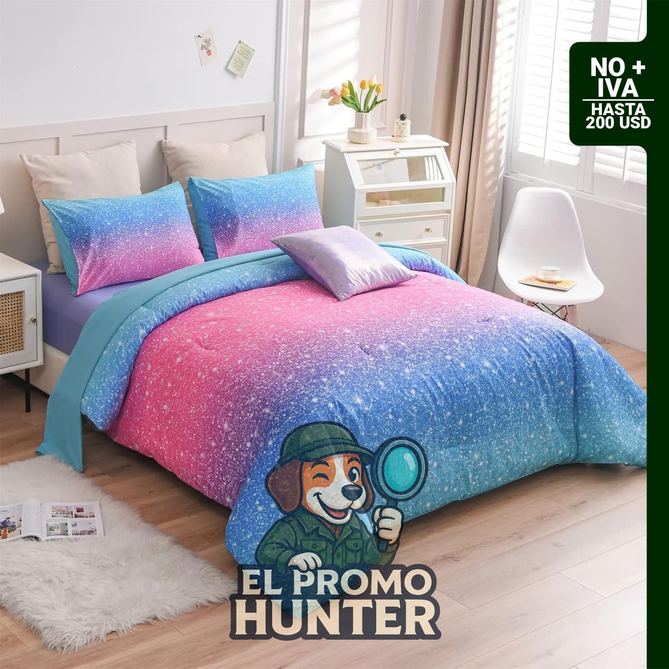 Juego de ropa de cama de 6 piezas, tamaño Twin, con diseño de galaxia arcoíris, incluye edredón y sábanas.