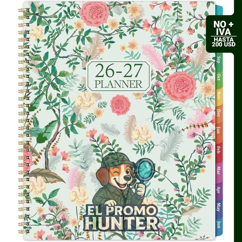 Agenda 2026, 22.86 x 27.94 cm, planificador semanal y mensual con pestañas, encuadernación de doble alambre, bolsillo trasero.