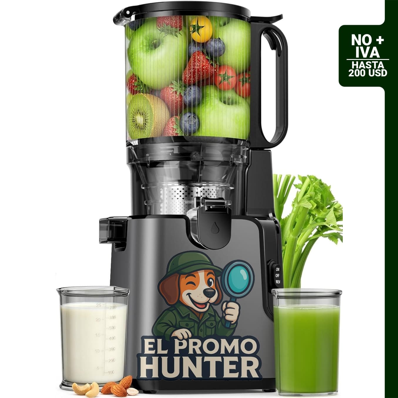 Exprimidor de prensa en frío para frutas y verduras enteras, potencia de 400 W, canal de alimentación de 14.7 cm.