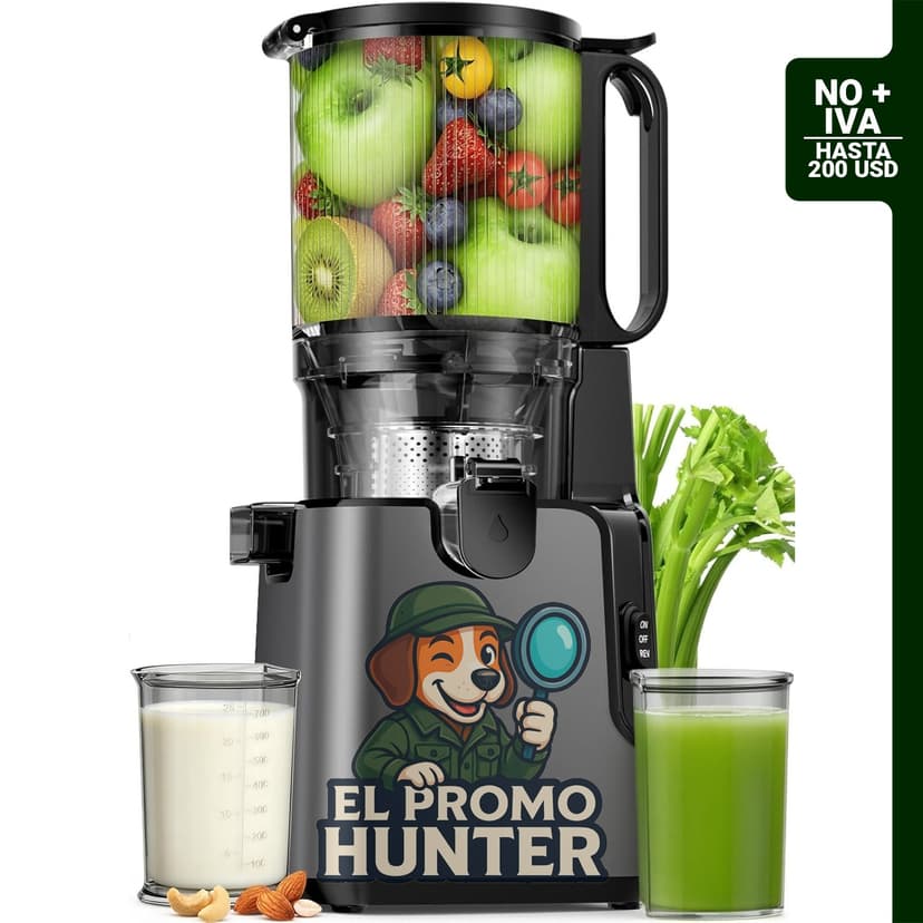 Exprimidor de prensa en frío para frutas y verduras enteras, potencia de 400 W, canal de alimentación de 14.7 cm.