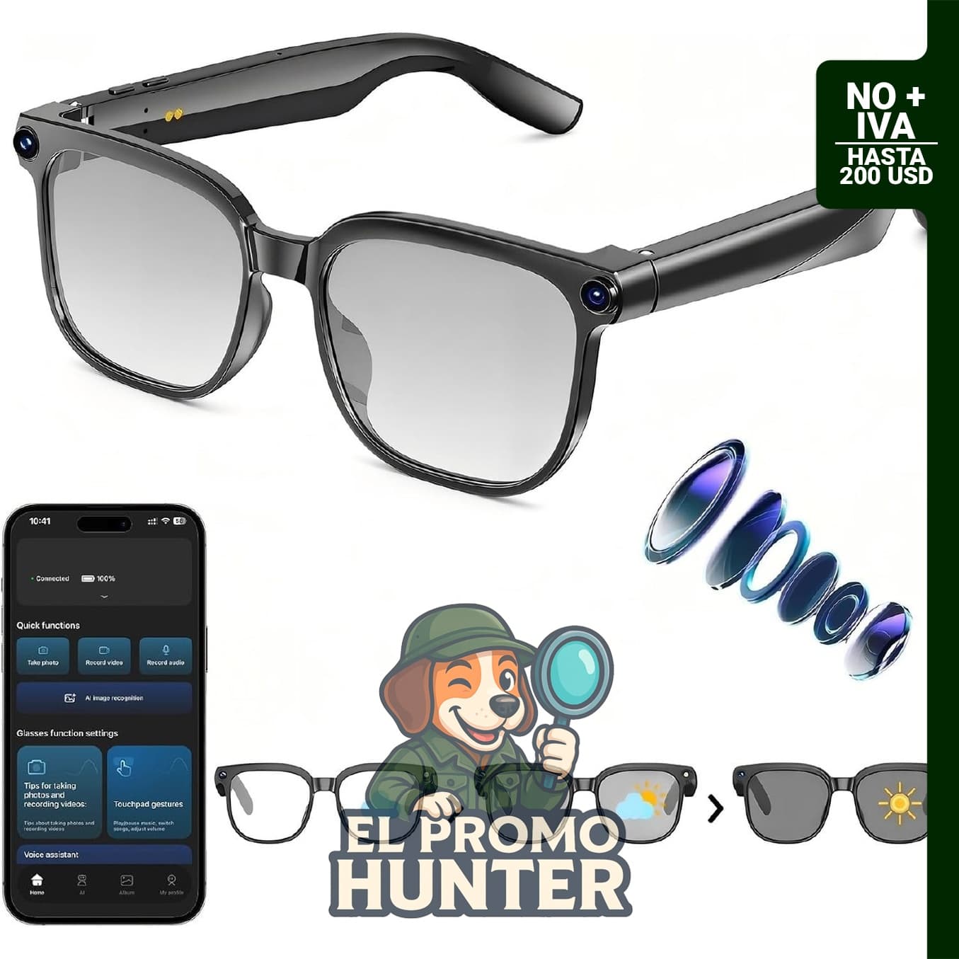 Lentes inteligentes AI con cámara de 8 MP, grabación de video 1080P, traducción en tiempo real y asistente de voz.