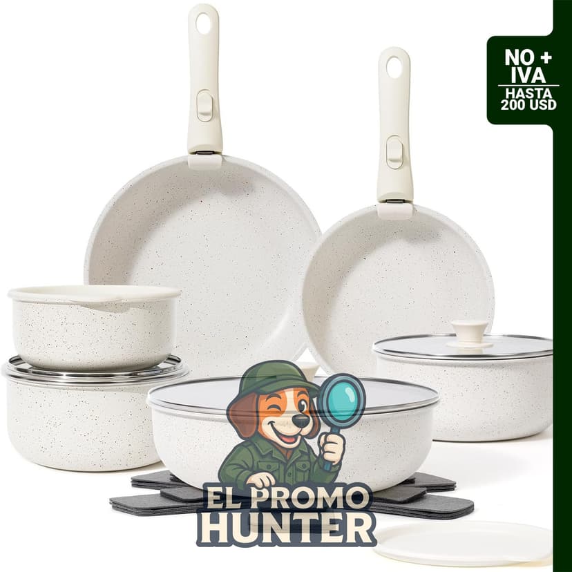 Juego de 18 piezas de ollas y sartenes antiadherentes, apto para inducción y horno, con mango desmontable.