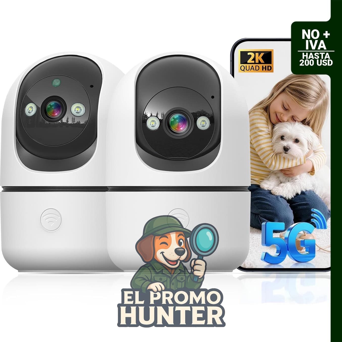 Cámara de seguridad GBIUT con conectividad WiFi 5G y 2.4G, inclinación de 360° y detección de movimiento AI.