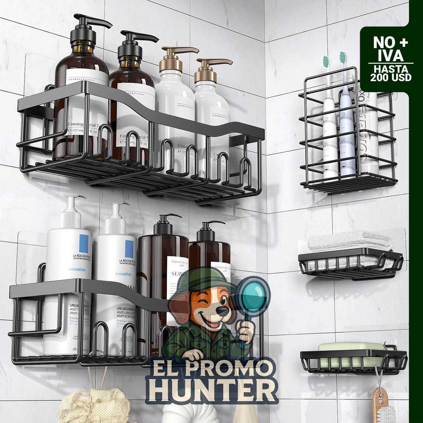 Organizador de ducha adhesivo de acero inoxidable, paquete de 5 estantes sin taladro para baño.