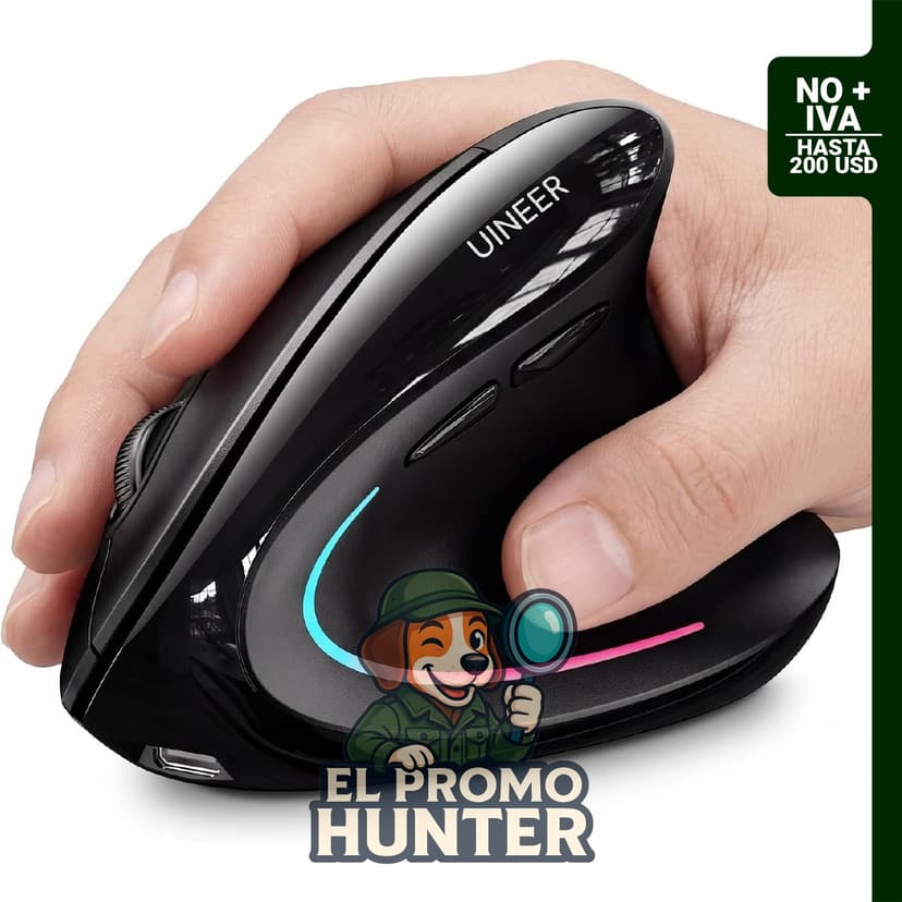 Ratón ergonómico vertical Uineer, inalámbrico Bluetooth, compatible con 3 dispositivos, recargable y con iluminación ambiental de 7 colores.