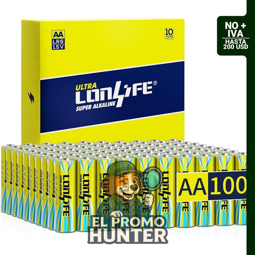 Baterías alcalinas AA LONLIFE, paquete de 100, 1.5 V, a prueba de fugas, vida útil de 10 años.