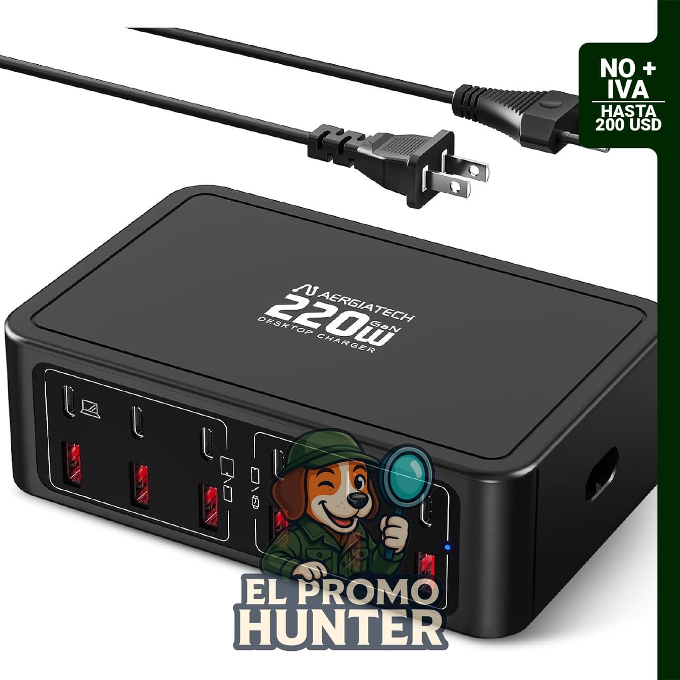 Hub de cargador GaN de 220 W con 12 puertos USB C y tecnología de carga rápida PD de 65 W.