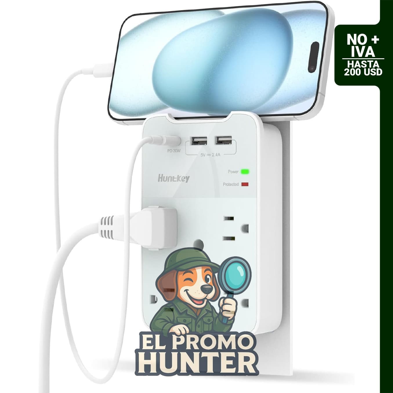 Extensor de toma de corriente con 5 salidas y 3 cargadores USB (PD 30 W).