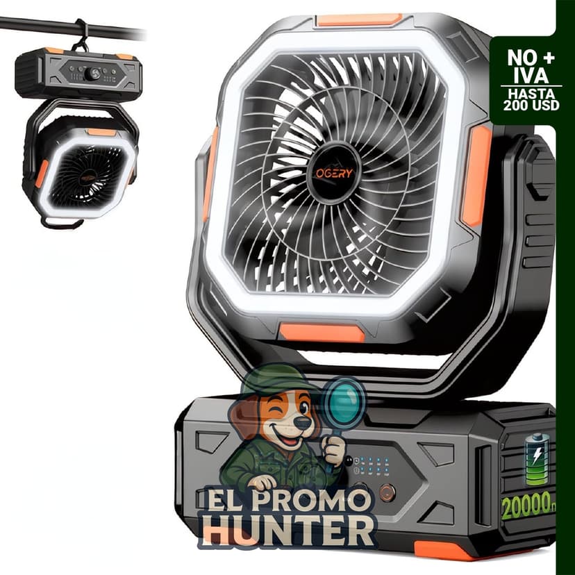 Ventilador portátil recargable OGERY con batería de 20000 mAh, control de velocidad continuo, carga rápida y linterna LED.