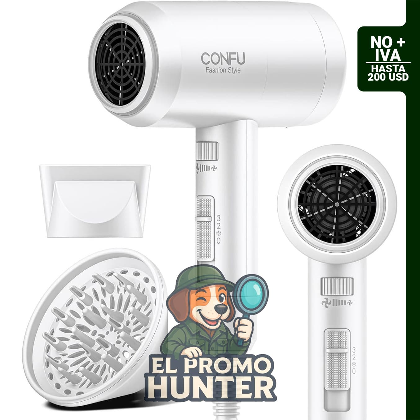 Secador de pelo portátil CONFU, 21000 RPM, incluye difusor, diseñado para cabello rizado.