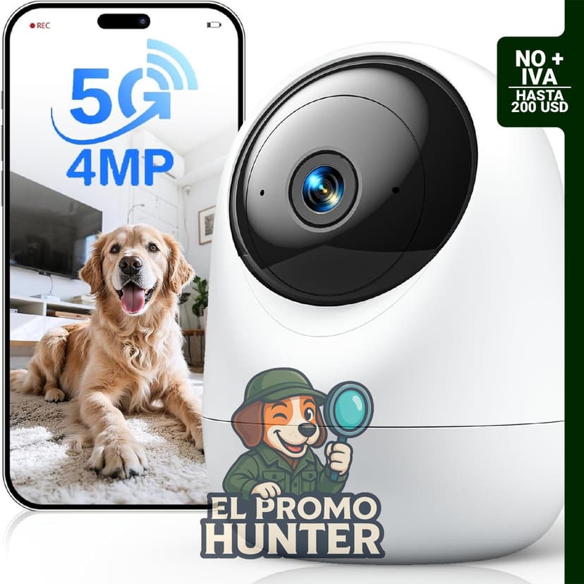 Cámara de seguridad interior para mascotas de 4 MP, conectividad 5G/2.4G, con seguimiento de movimiento y almacenamiento en la nube.