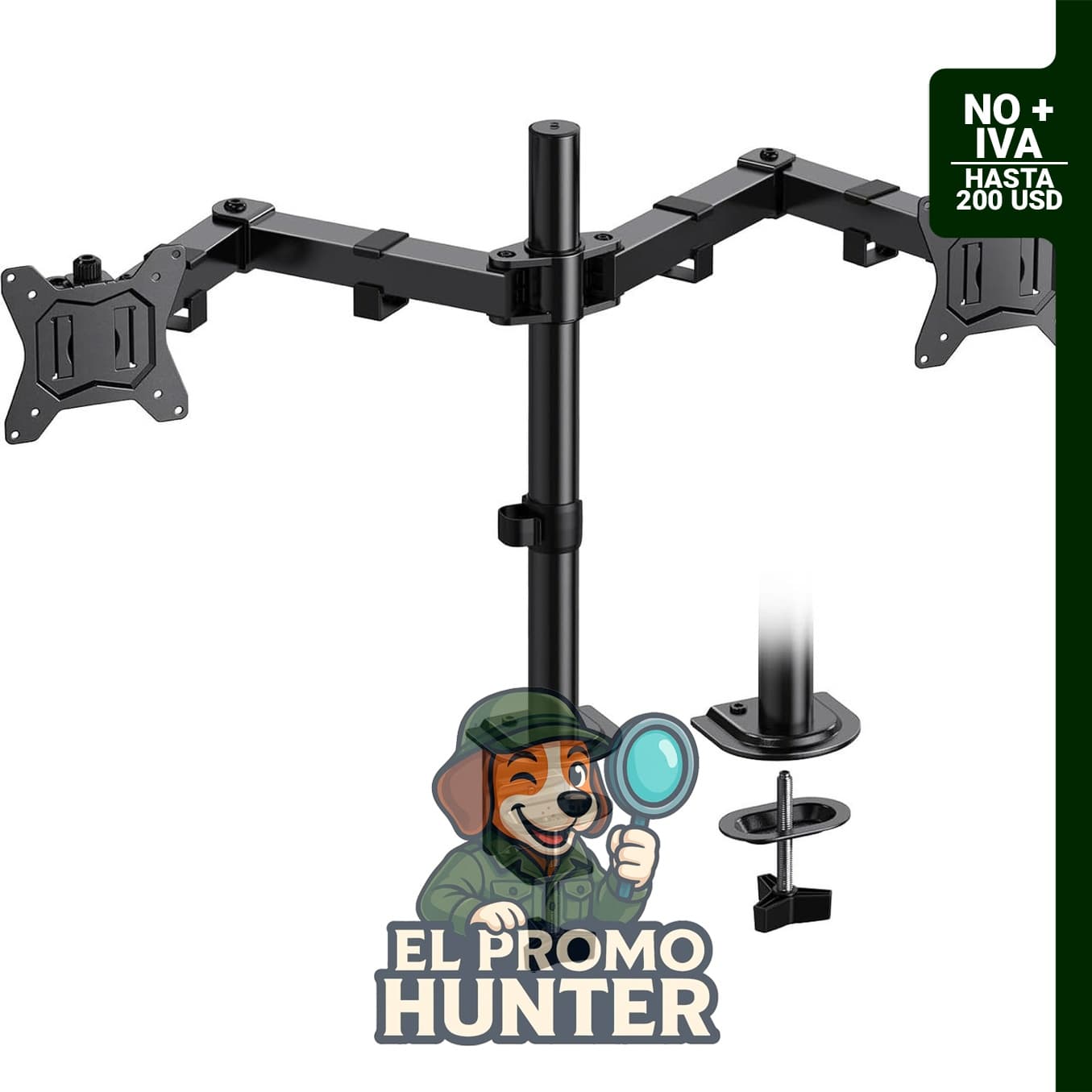 Soporte de montaje para dos monitores de hasta 30" (76 cm) y 10 kg de capacidad, con inclinación, giro y rotación ajustables.