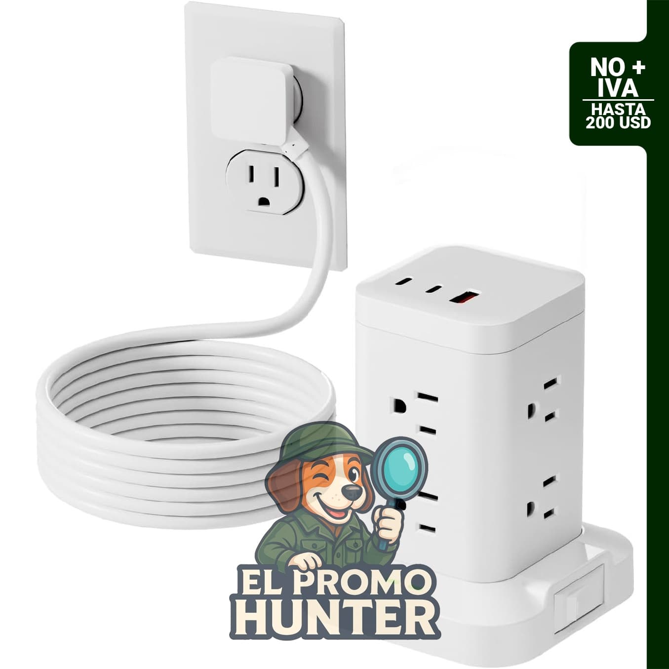 Torre de regleta de alimentación con 8 salidas de CA y 2 puertos USB-C, incluye protector de sobretensiones de 1800J.