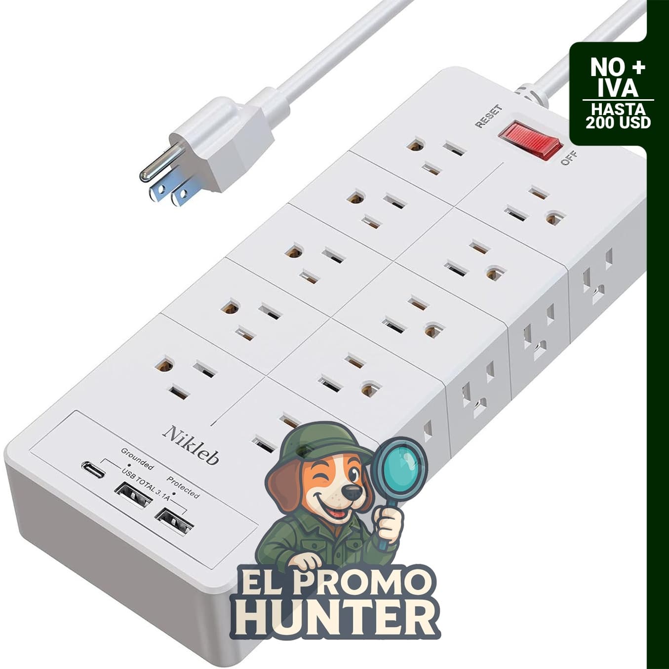Regleta de enchufes con 20 tomas y 3 puertos USB de 3.1A, cable de extensión de 1.83 m.