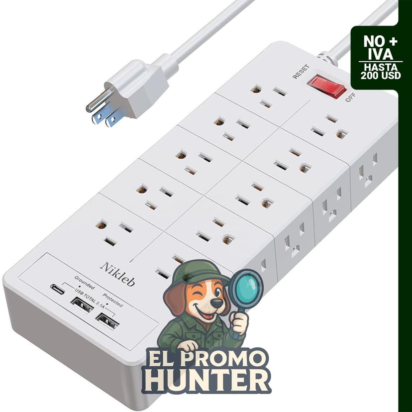 Regleta de enchufes con 20 tomas y 3 puertos USB de 3.1A, cable de extensión de 1.83 m.