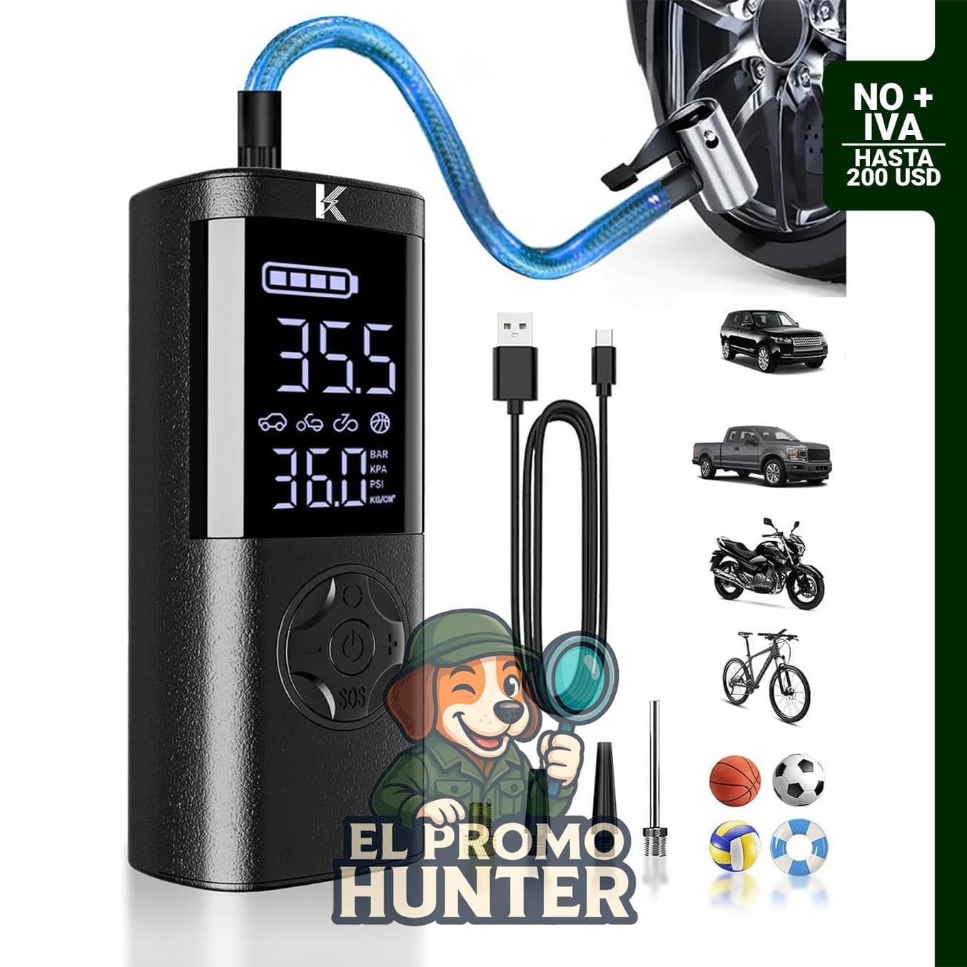 Inflador de neumáticos portátil KASPARMP, compresor de aire inalámbrico de 150 PSI con medidor digital.