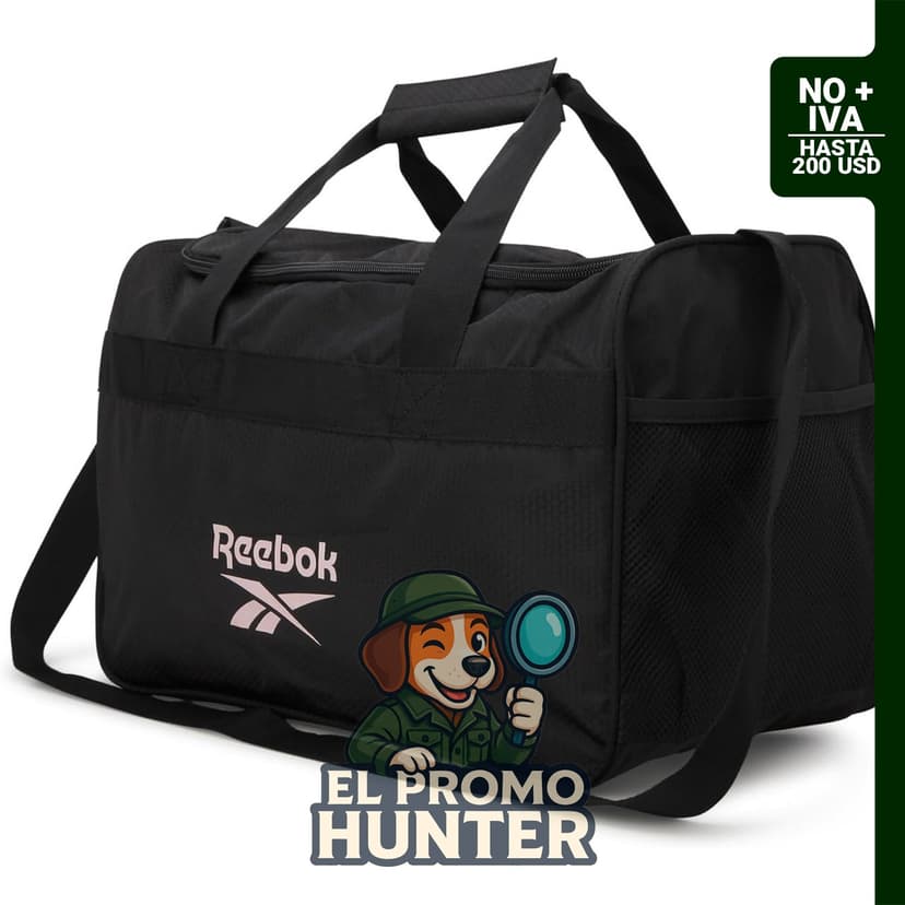 Bolsa de deporte Reebok, compacta, con correa ajustable y compartimentos interiores y exteriores.