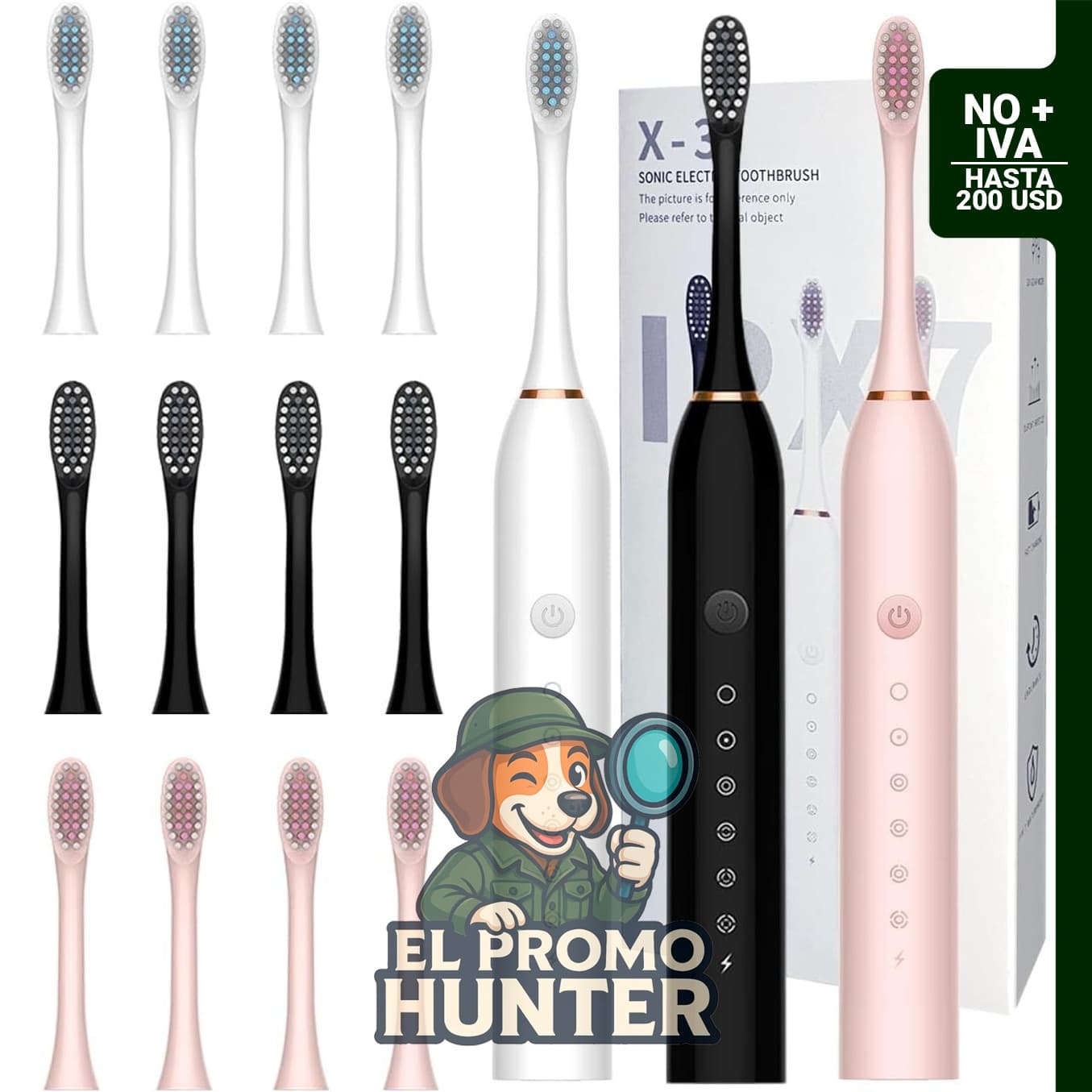 Paquete de 3 cepillos de dientes eléctricos MSETGRD con 6 modos, temporizador de 2 minutos y 30 s, incluye 12 cabezales de repuesto.