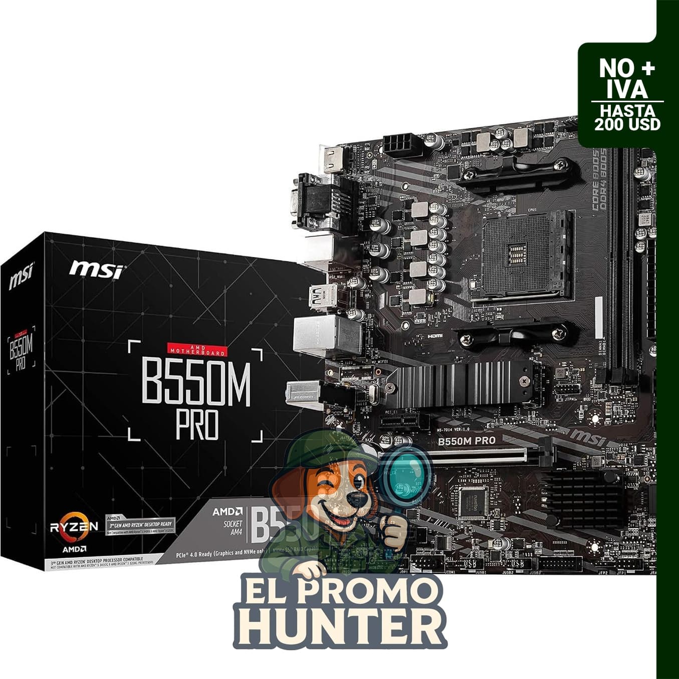 Placa base MSI PRO B550M-P, mATX, compatible con procesadores AMD Ryzen y DDR4 hasta 4400+ MT/s OC.