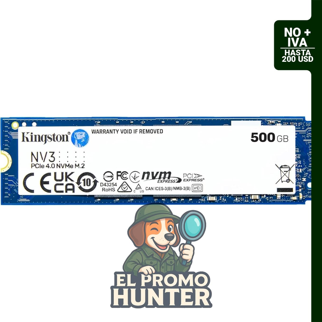 Kingston NV3 500GB M.2 2280 NVMe SSD, PCIe 4.0 Gen 4x4, velocidad de hasta 5000 MB/s.