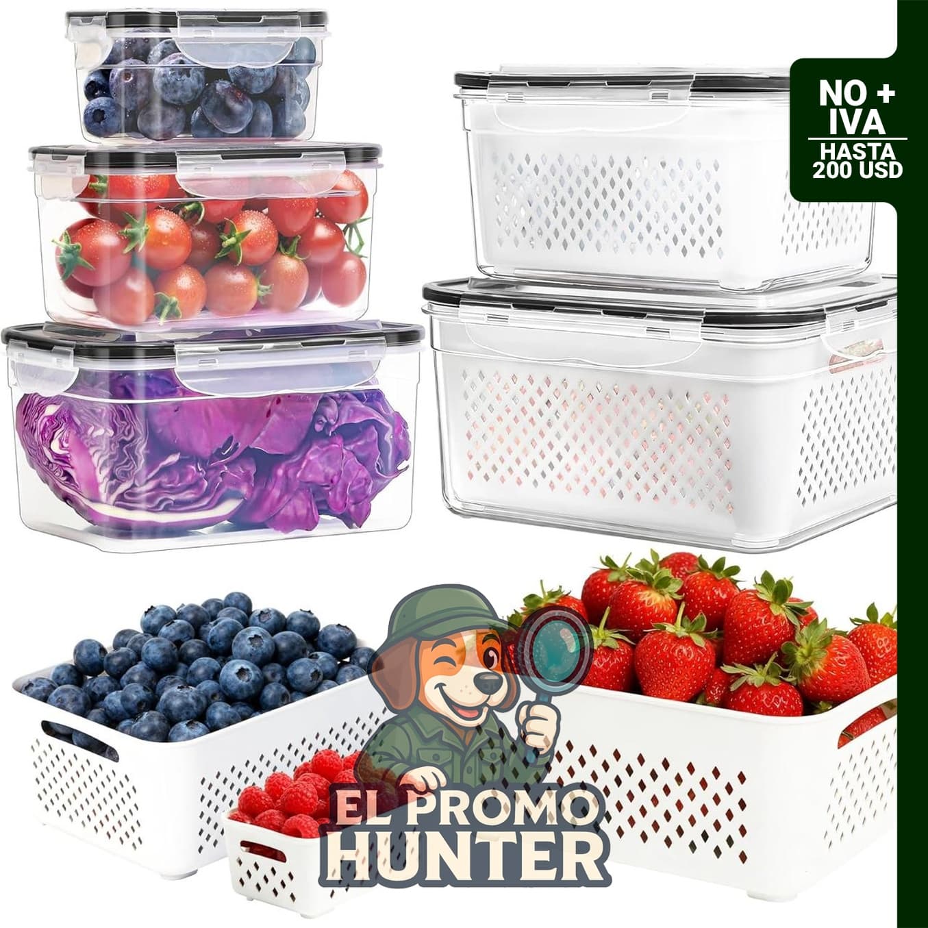 Contenedores de almacenamiento de frutas para refrigerador, paquete de 5, con colador extraíble y múltiples tamaños. BPA-Free.