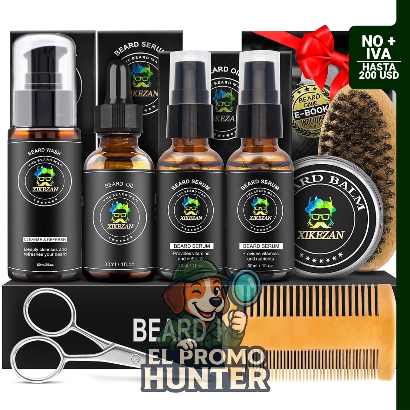 Kit de cuidado de barba que incluye suero, champú, aceite, bálsamo, peine, cepillo, tijeras y bolsa.