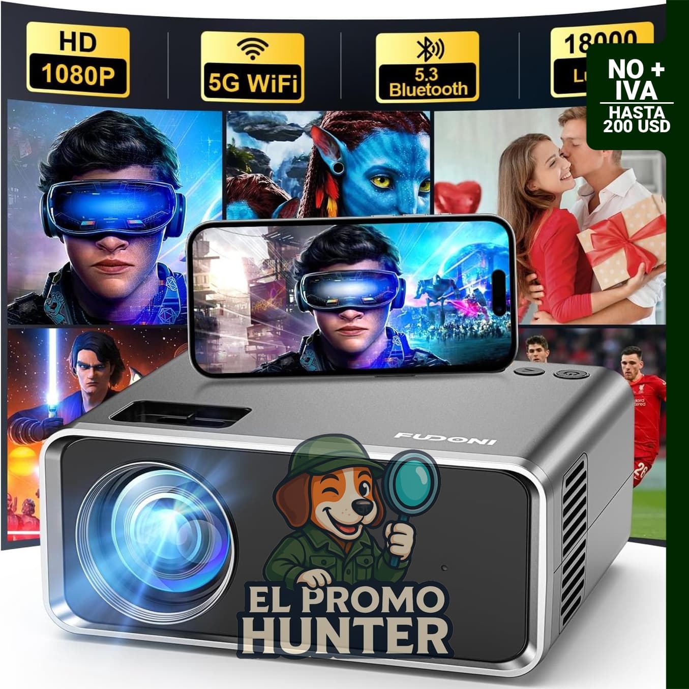 Proyector FUDONI nativo 1080P FHD, compatible con 4K, 18000 lúmenes, conexión HDMI, USB, iOS, Android y Windows.
