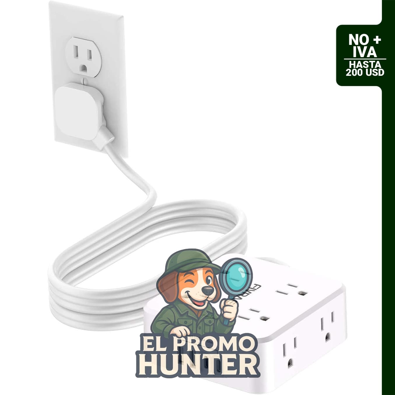 Cable de extensión plano de 3 m con 8 salidas y 4 puertos USB, certificado ETL.