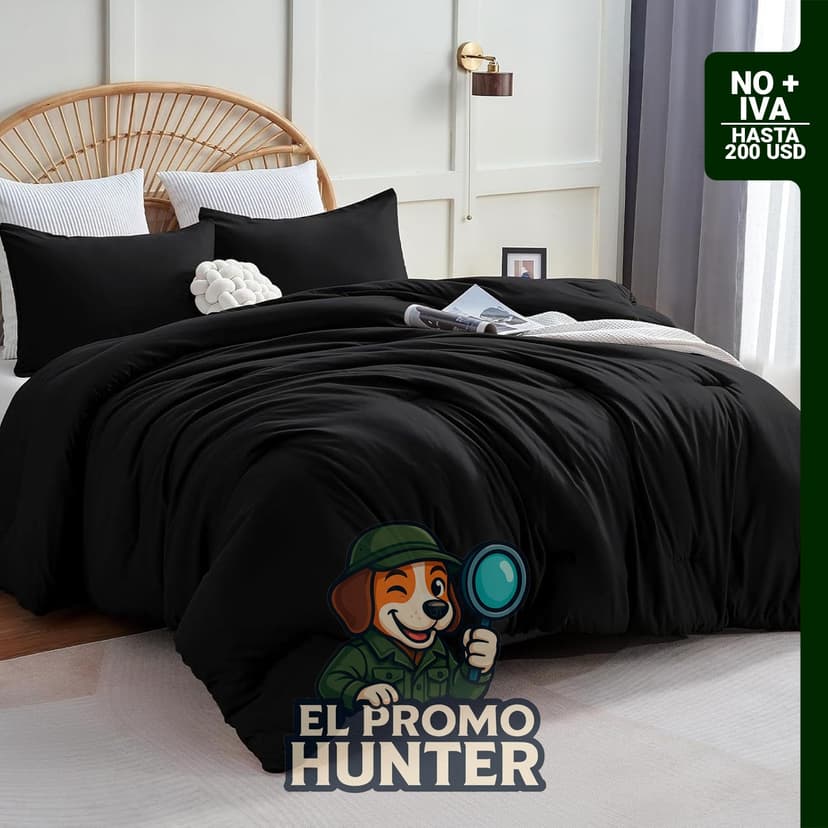 Juego de edredón Queen negro de 3 piezas, acolchado, 270 GSM, incluye 2 fundas de almohada, 88 x 88 in (224 x 224 cm), certificado OEKO-TEX.