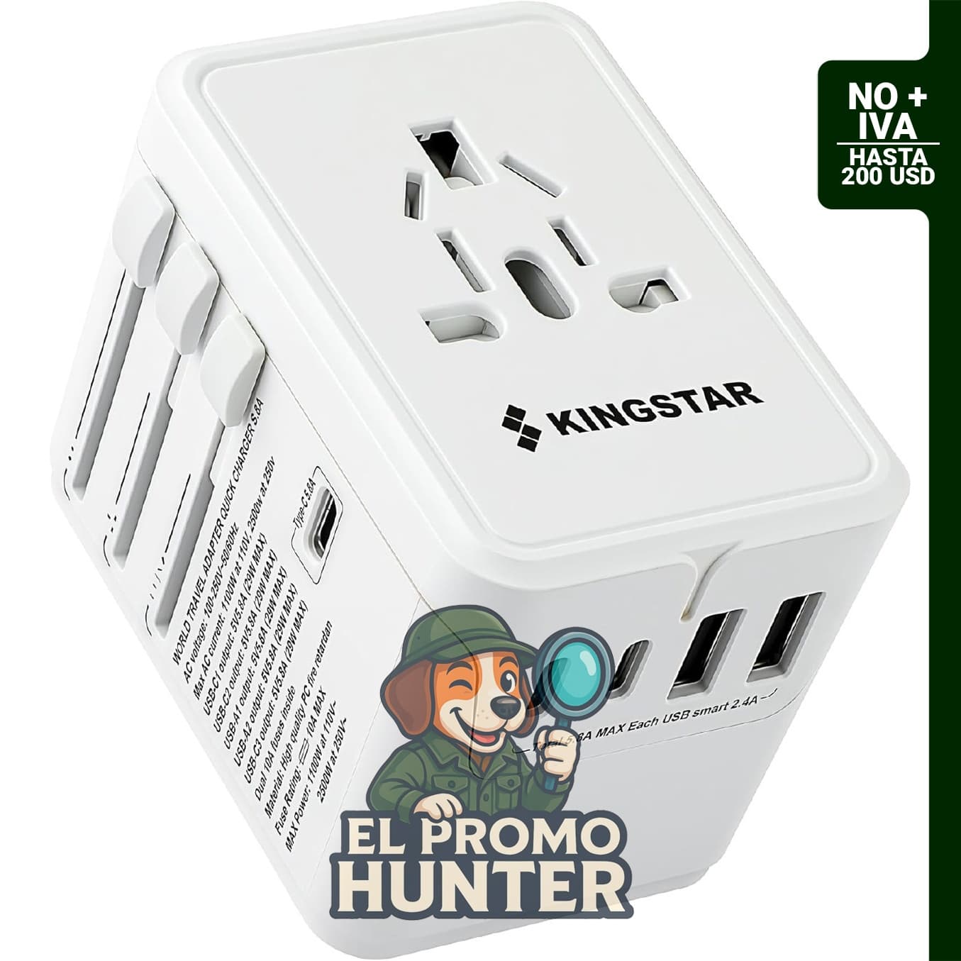 Adaptador de viaje universal con 3 puertos Type-C (5.8A, 29W) y 2 puertos USB-A (5.8A), compatible con EE. UU., UE, Reino Unido y AUS.