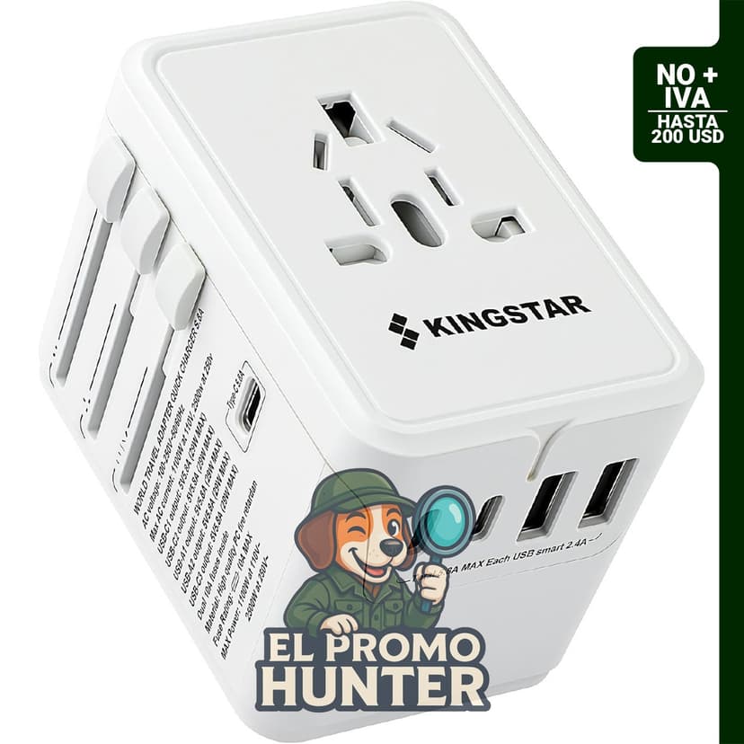 Adaptador de viaje universal con 3 puertos Type-C (5.8A, 29W) y 2 puertos USB-A (5.8A), compatible con EE. UU., UE, Reino Unido y AUS.