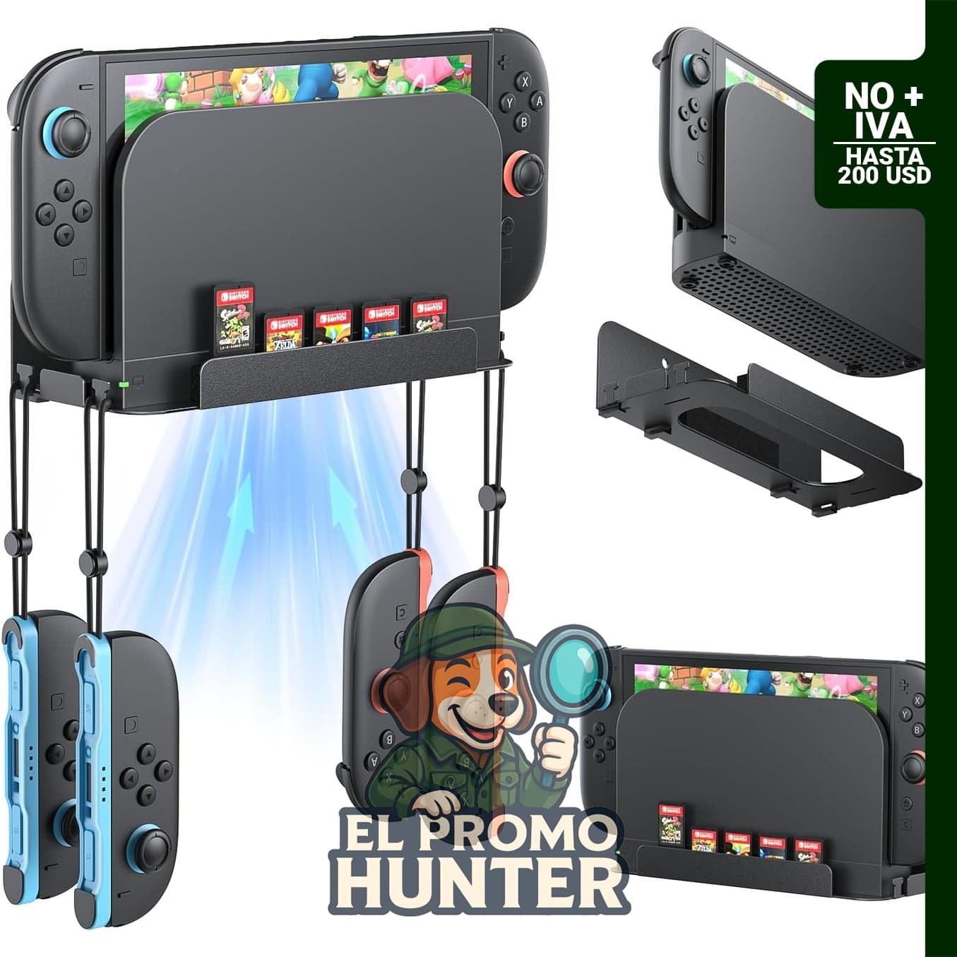 Soporte de pared y organizador para Nintendo Switch 2/Switch 1, incluye 4 ganchos Joypad y 5 ranuras para tarjetas.