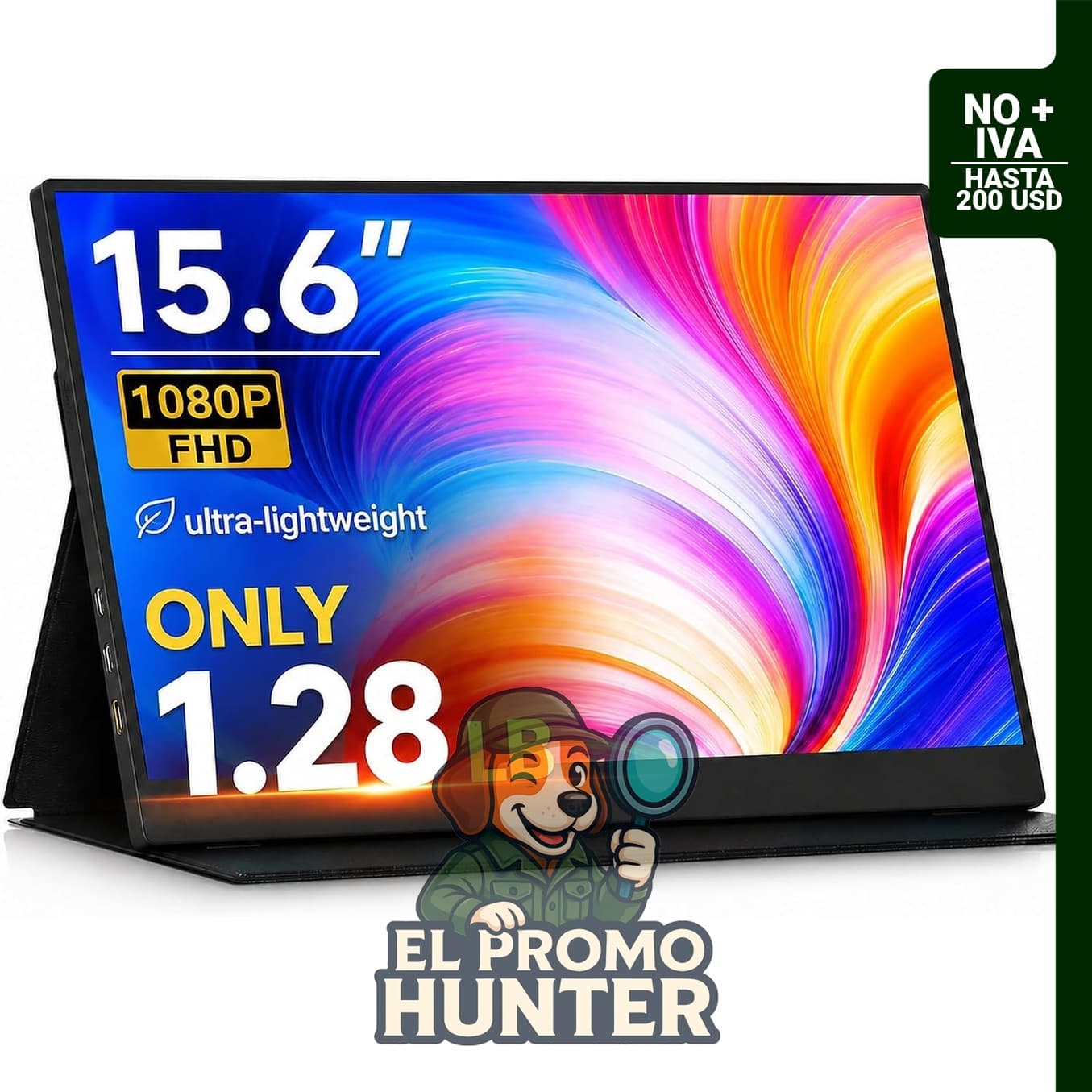 Monitor portátil de 15.6" (39.6 cm) con resolución 1080P FHD, peso de 0.58 kg, conexión USB-C y HDMI.