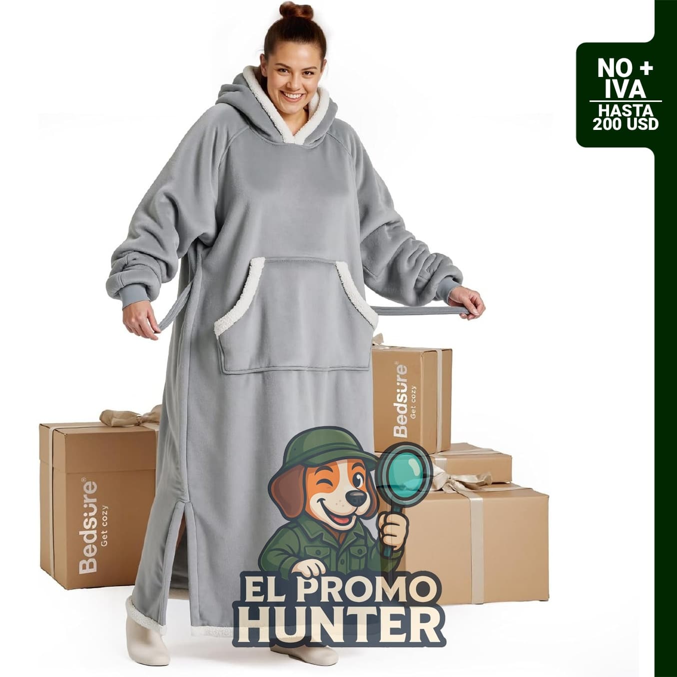 Manta con capucha portátil de la marca Bedsure, sudadera larga de estilo Sherpa, color gris.