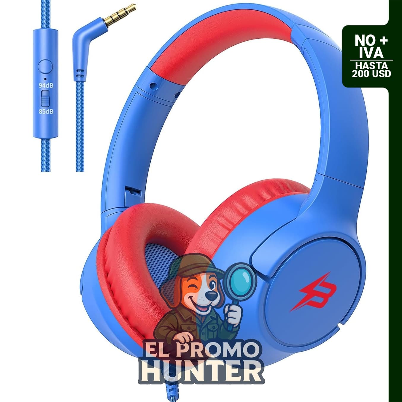 Auriculares con cable para niños, limitador de volumen a 85/94 dB, micrófono y diseño plegable.