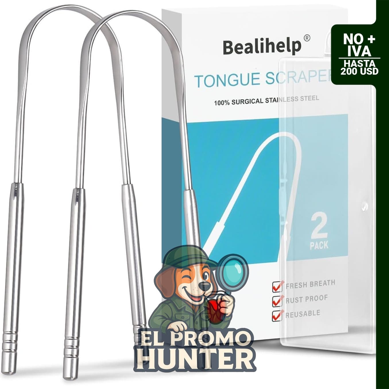Juego de 2 limpiadores de lengua de acero inoxidable 304, adecuado para adultos y niños.