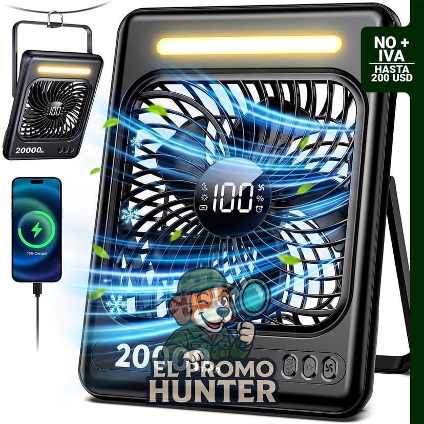 Ventilador portátil de 20000 mAh con 5 velocidades y luz LED, hasta 60 horas de uso.