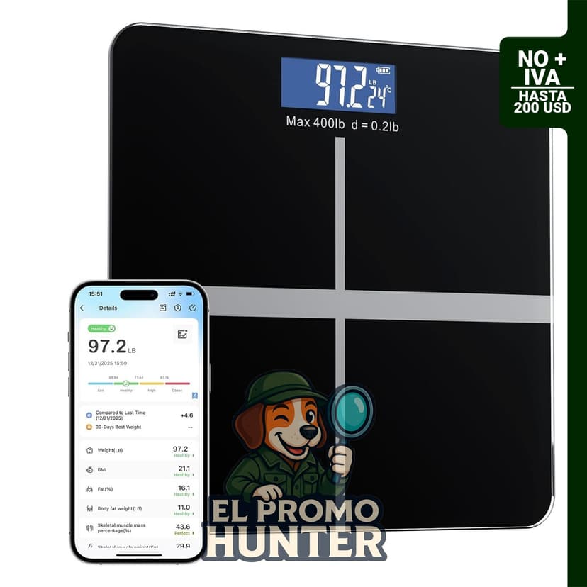 Báscula digital Bluetooth Dnil, analizador de grasa corporal y masa muscular, compatible con aplicación de salud.