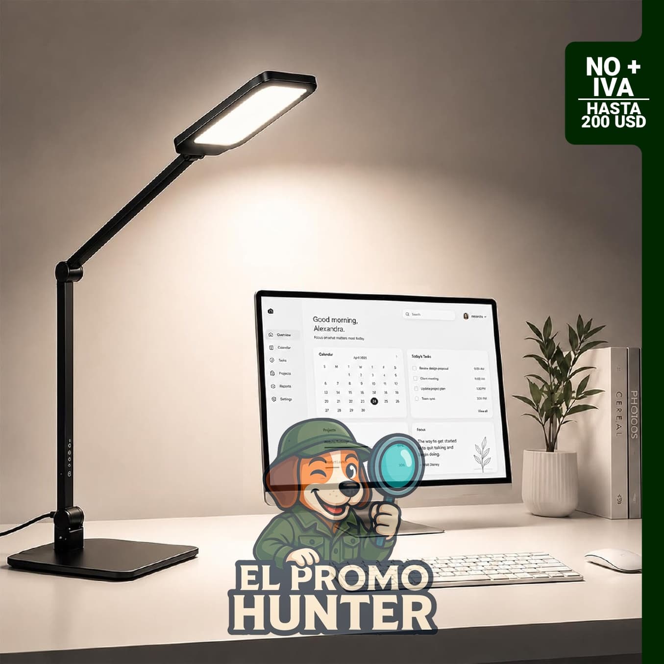 Lámpara de escritorio LED regulable 3000K-6500K con control remoto y temporizador.