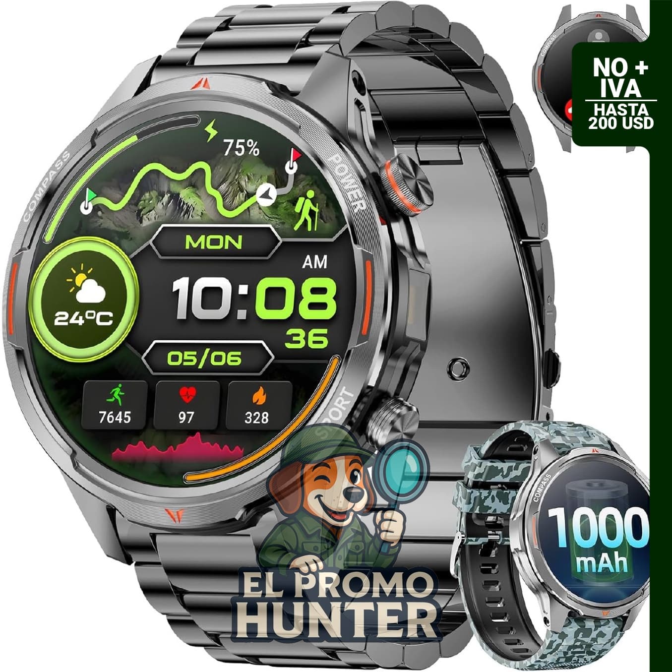 Reloj inteligente militar Karchilor con pantalla HD de 1.7", seguimiento de frecuencia cardíaca, SpO2 y sueño, 110 modos deportivos.