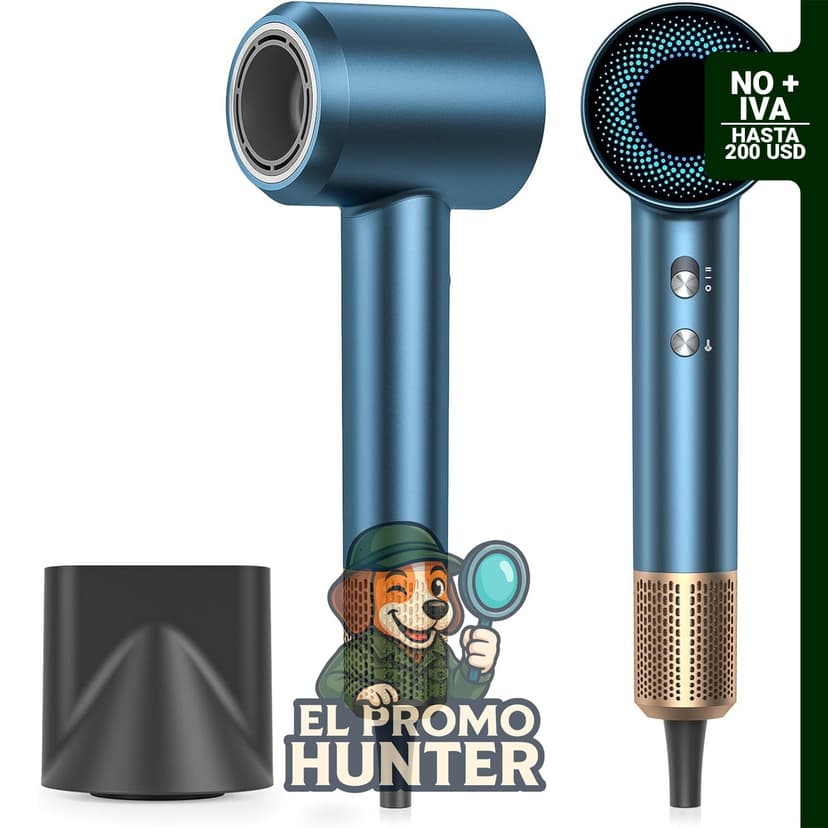 Secador de pelo iónico negativo de 160,000 RPM, incluye difusor y control térmico.